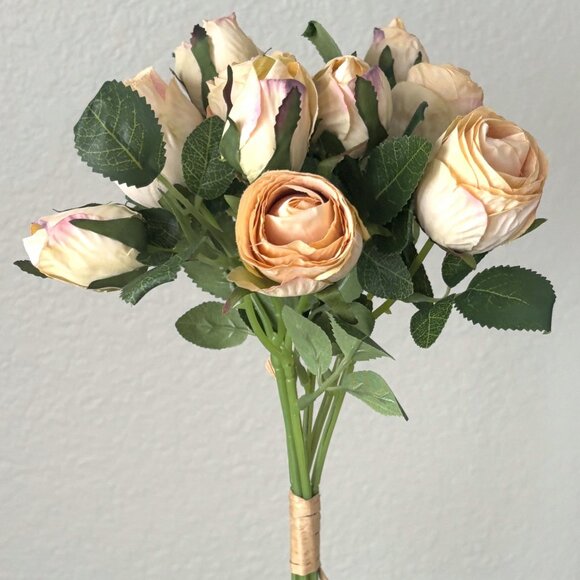 13 1/4" Cream 12 Bud Faux Artificial Roses Rosebuds Flower Bundle Bouquet New - Picture 2 of 5